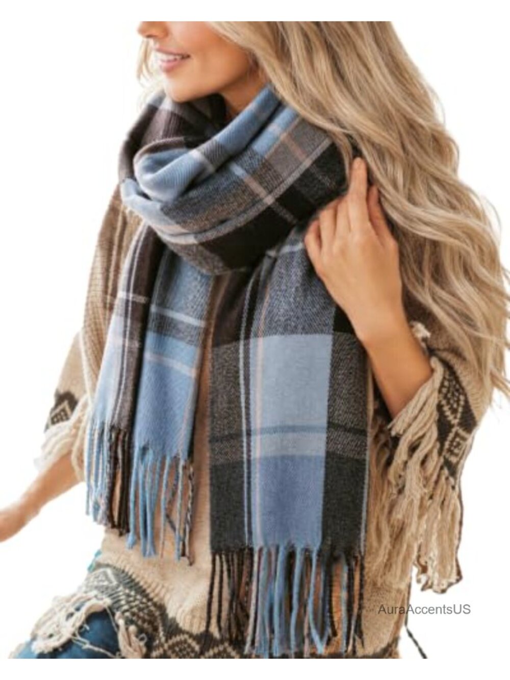 Oversized Plaid Blanket Scarf Polyester Tassel Shawl Wrap